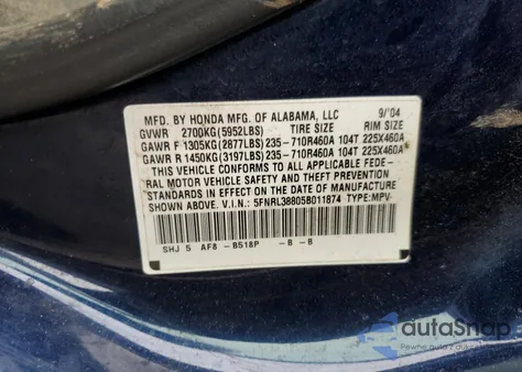 2005 Honda Odyssey Touring from USA, damaged, VIN 5FNRL38805B011874